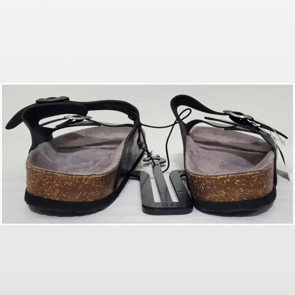 New Falls Creek Shoes Men Sandals Black Buckle Slip On Cork Slides NWT